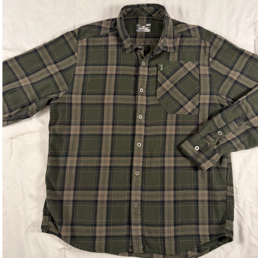 Under Armour ColdGear Green Plaid Flannel Button Down Shirt Mens Large Grunge